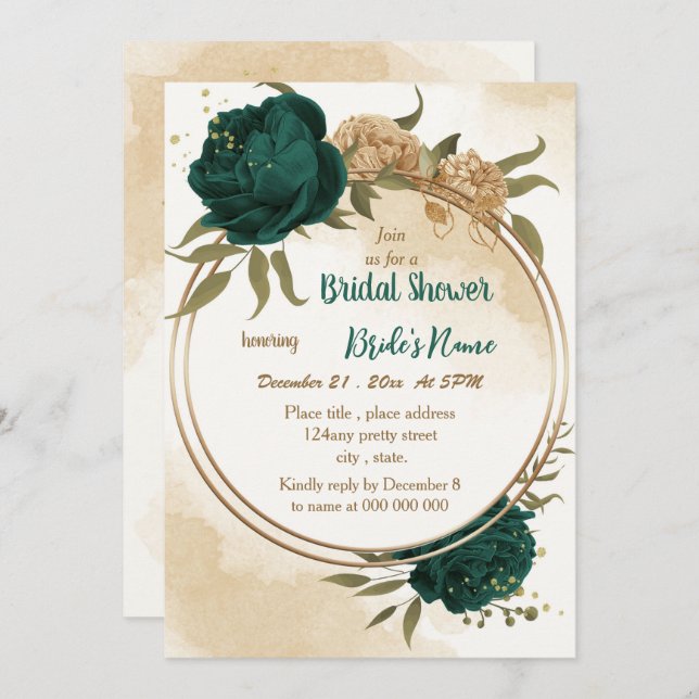Emerald green beige gold botanical bridal shower invitation (Front/Back)
