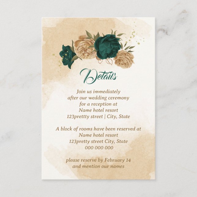 Emerald green beige gold botanical enclosure card (Front)