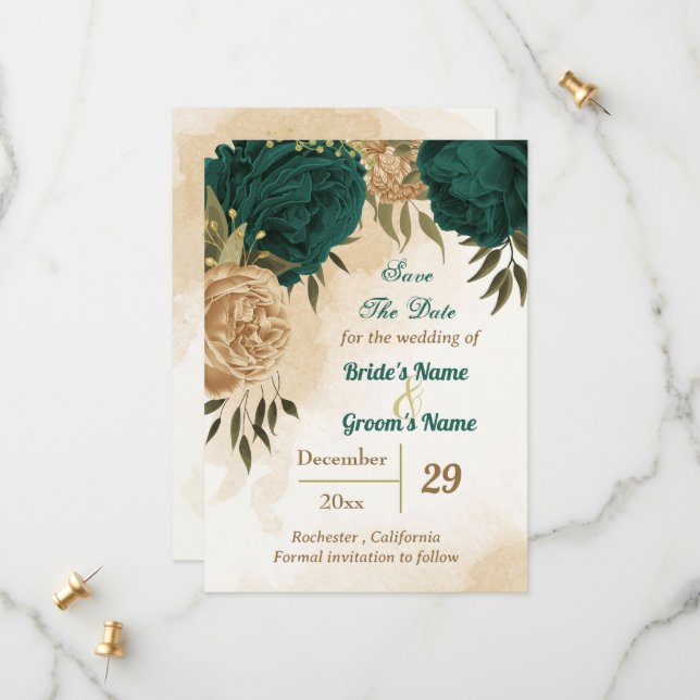 Emerald green beige gold botanical save the date (Front/Back In Situ)
