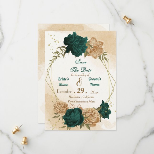 Emerald green beige gold botanical save the date (Front/Back In Situ)