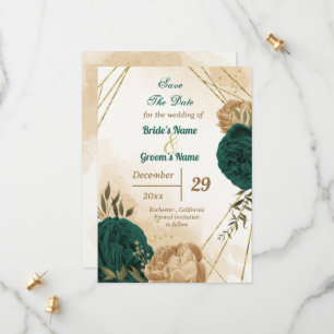 Emerald green beige gold botanical save the date