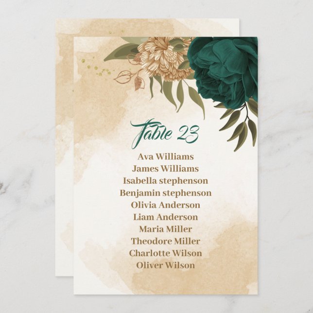 Emerald green beige gold botanical seating chart invitation (Front/Back)
