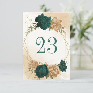 Emerald green beige gold botanical table number
