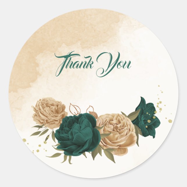 Emerald green beige gold botanical wedding classic round sticker (Front)