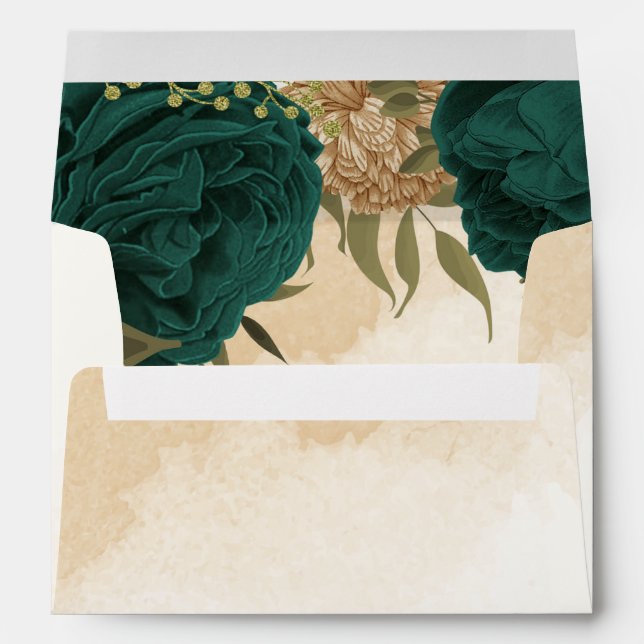 Emerald green beige gold botanical wedding envelope (Back (Bottom))