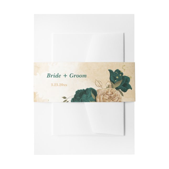 Emerald green beige gold botanical wedding invitation belly band (Front Example)