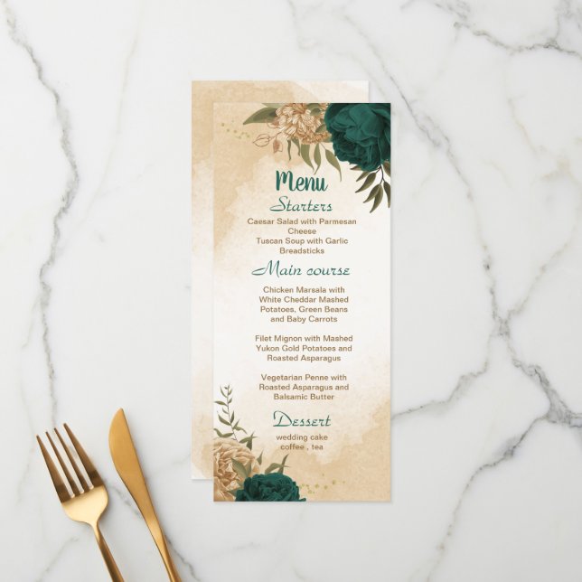 Emerald green beige gold botanical wedding menu (Front/Back In Situ)