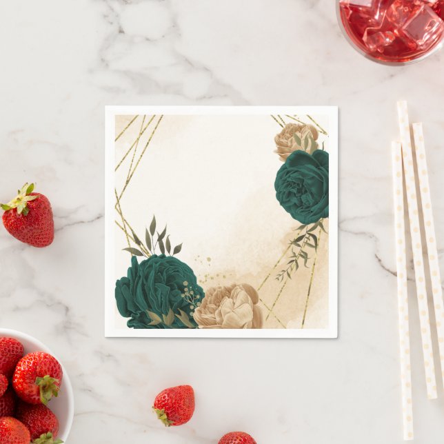 Emerald green beige gold botanical wedding napkin (Insitu)
