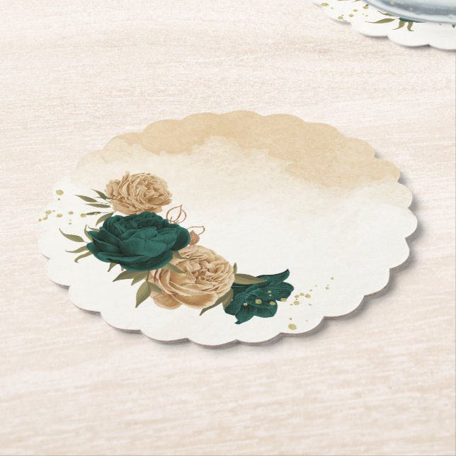 Emerald green beige gold botanical wedding paper coaster (Angled)