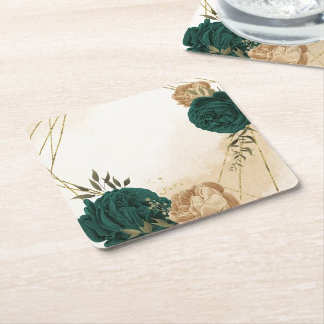 Emerald green beige gold botanical wedding square paper coaster (Angled)
