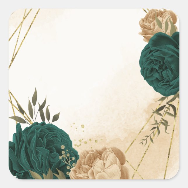 Emerald green beige gold botanical wedding square sticker (Front)