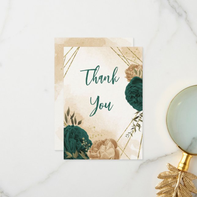 Emerald green beige gold botanical wedding thank you card (Front/Back In Situ)