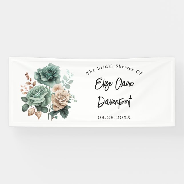 Emerald Green Beige Peony Floral Bridal Shower Banner (Horizontal)