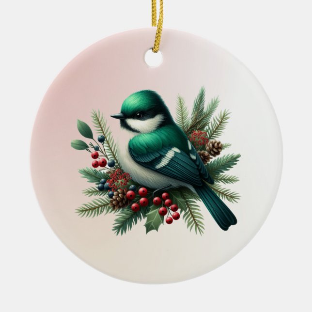 Emerald Green Birds and Boughs  Ceramic Ornament (Front)