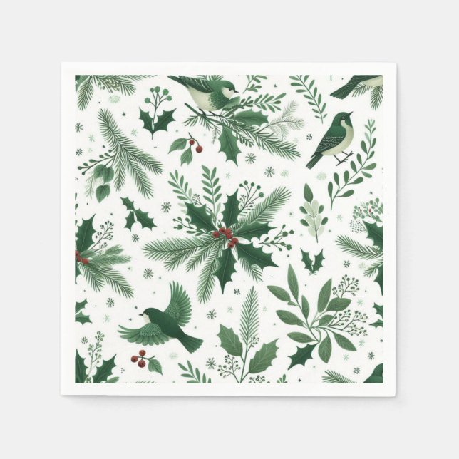 Emerald Green Birds and Boughs Holiday Napkin (Front)