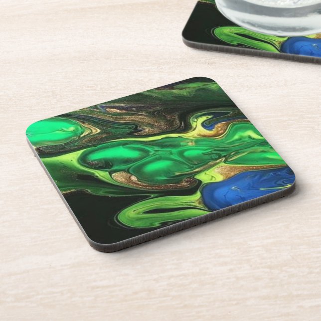 Emerald Green Black  Fluid Art Marble Coaster (Left Side)