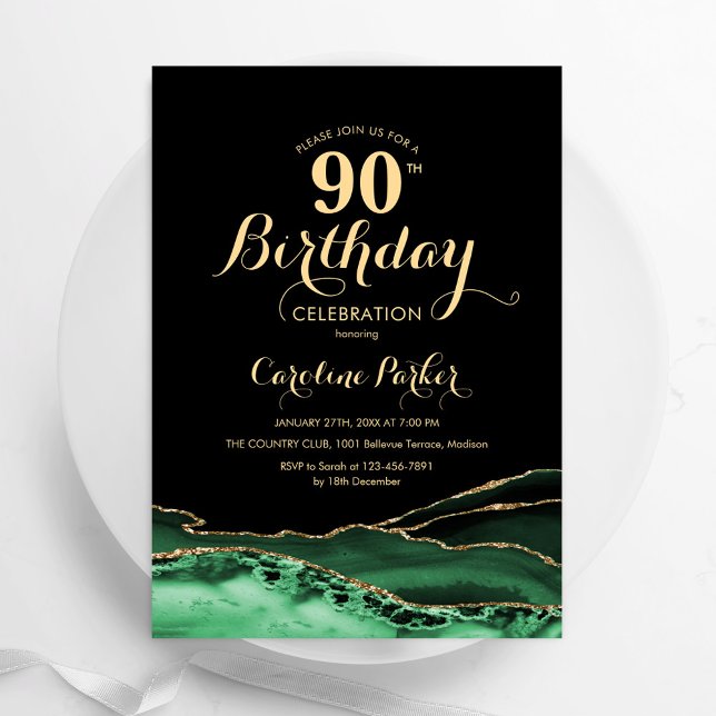 Emerald Green Black Gold Agate 90th Birthday Invitation (Creator Uploaded)
