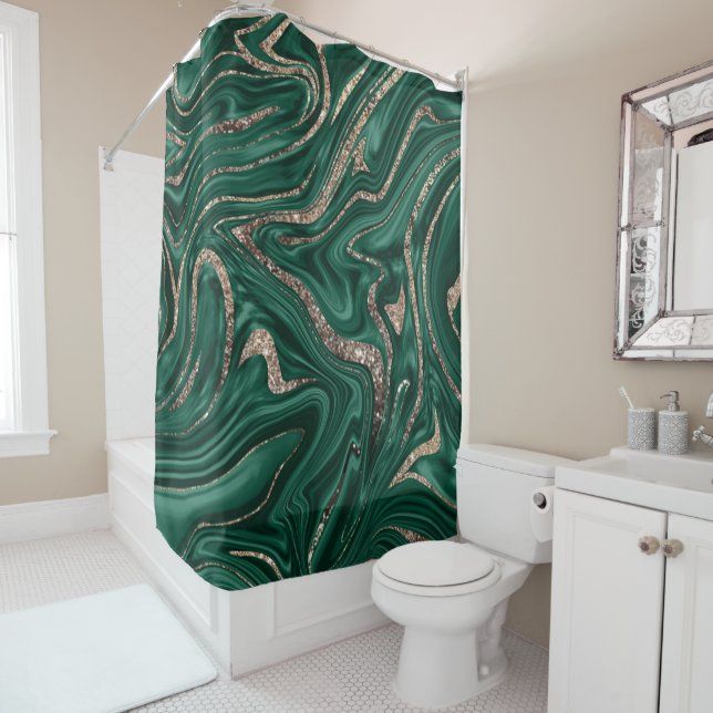 Emerald Green Black Gold Glitter Marble #1 Shower Curtain (In Situ)