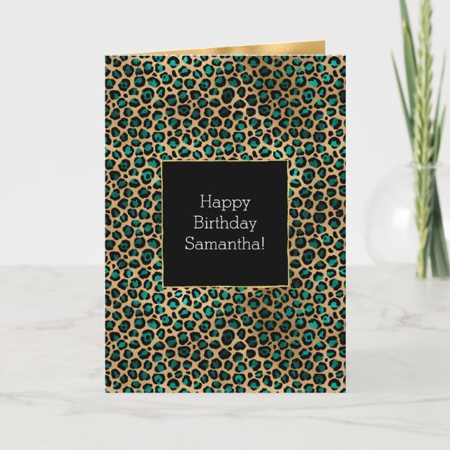 Emerald Green Black Gold Leopard Print Card (Front)