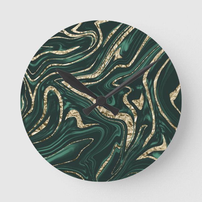 Emerald Green Black Gold Marble #2 (Faux Foil)  Round Clock (Front)