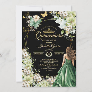 Emerald Green Black Golden Butterfly Quinceañera Invitation