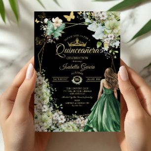 Emerald Green Black Golden Butterfly Quinceañera Invitation