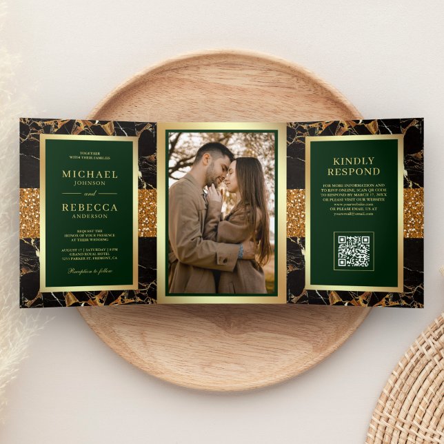 Emerald Green Black Marble Gold QR Code Wedding Tri-Fold Invitation (Creator Uploaded)