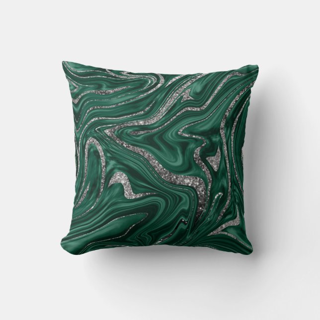 Emerald Green Black Silver Glitter Marble #1  Cushion (Front)