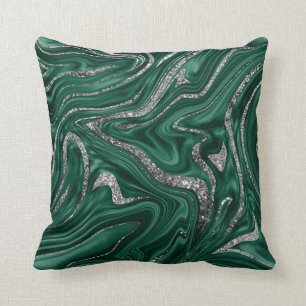 Emerald Green Black Silver Glitter Marble #1  Cushion
