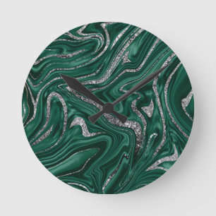 Emerald Green Black Silver Glitter Marble #1  Round Clock
