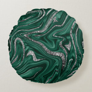 Emerald Green Black Silver Glitter Marble #1  Round Cushion