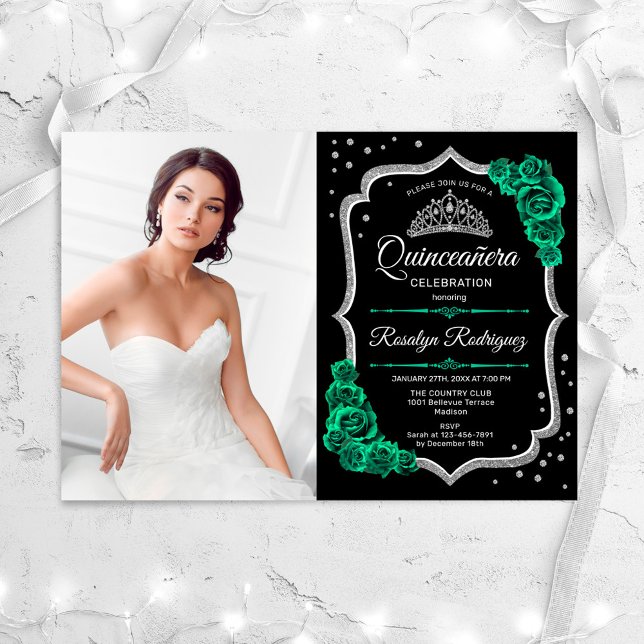 Emerald Green Black Silver Photo Quinceanera Invitation (Creator Uploaded)