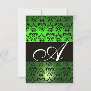 EMERALD GREEN BLACK WHITE DAMASK MONOGRAM RSVP CARD