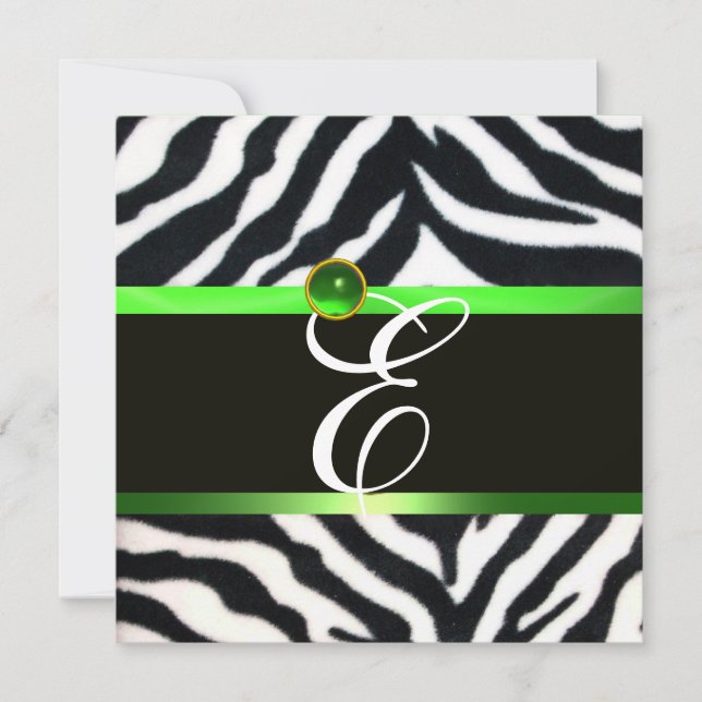 EMERALD GREEN BLACK WHITE ZEBRA FUR MONOGRAM INVITATION (Front)
