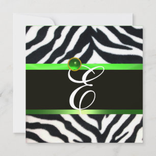 EMERALD GREEN BLACK WHITE ZEBRA FUR MONOGRAM INVITATION