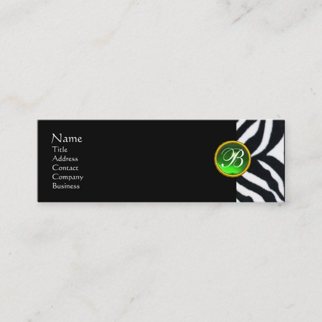 EMERALD GREEN BLACK WHITE ZEBRA FUR MONOGRAM MINI BUSINESS CARD (Front)