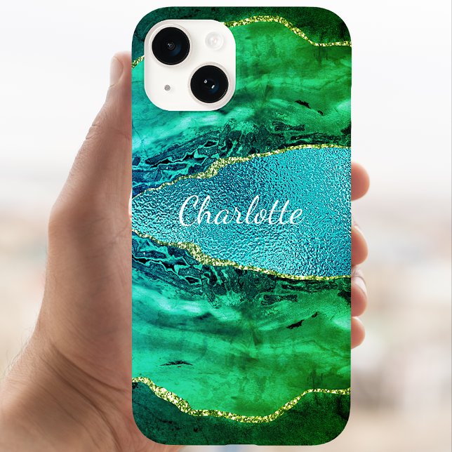 Emerald green blue agate marble name script Case-Mate iPhone case (Creator Uploaded)