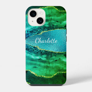 Emerald green blue agate marble name script iPhone 14 case