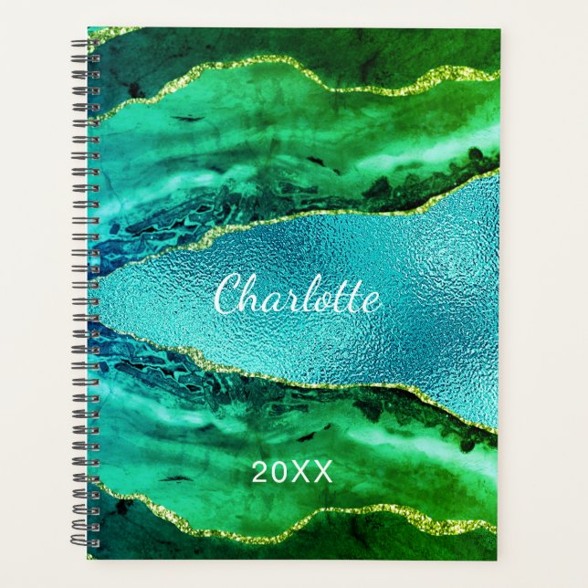 Emerald green blue agate marble name script planner (Front)