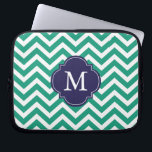 Emerald Green & Blue Zigzags Pattern Monogram Laptop Sleeve<br><div class="desc">Modern and chic chevron stripes and quatrefoil monogram design.</div>