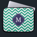 Emerald Green & Blue Zigzags Pattern Monogram Laptop Sleeve<br><div class="desc">Modern and chic chevron stripes and quatrefoil monogram design.</div>