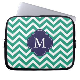 Emerald Green & Blue Zigzags Pattern Monogram Laptop Sleeve
