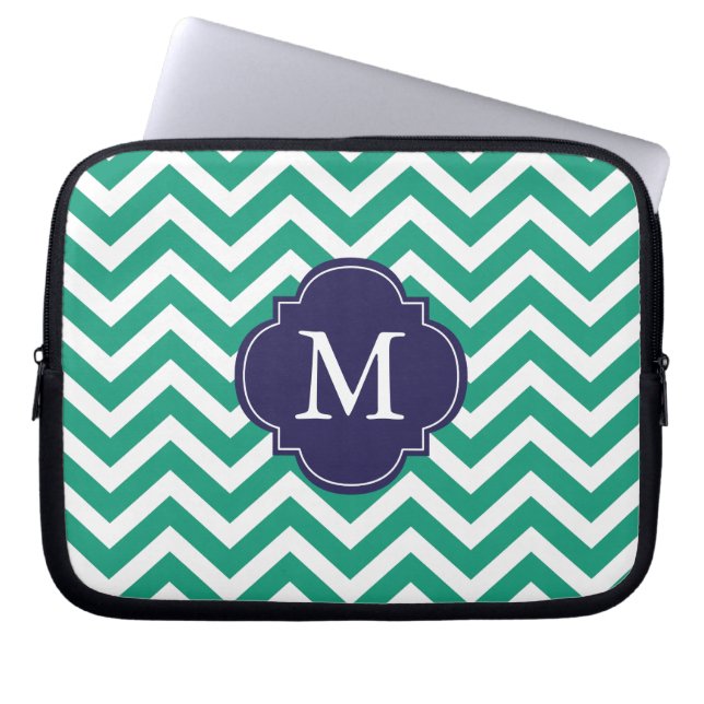 Emerald Green & Blue Zigzags Pattern Monogram Laptop Sleeve (Front)