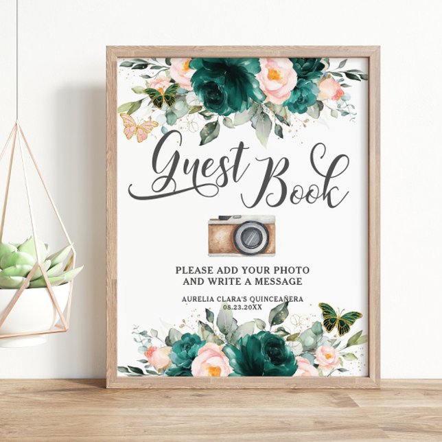 Emerald Green Blush Floral Guest Book Photo Sign (Creator Uploaded)