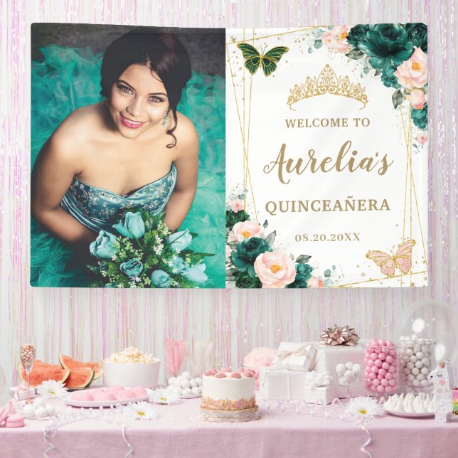 Emerald Green Blush Floral Quinceañera Backdrop Banner (Party)