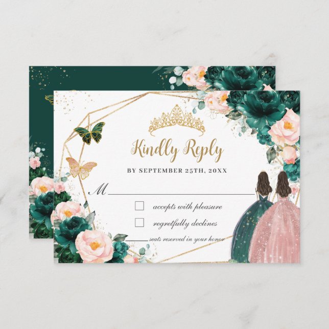 Emerald Green Blush Floral Twins Quinceañera Reply RSVP Card (Front/Back)