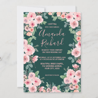 Emerald Green Blush Pink Rustic Floral Wedding Invitation