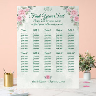 Emerald Green & Blush Rose Wedding Seating Chart