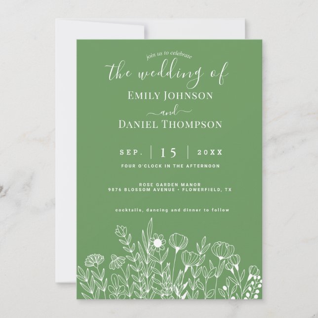 Emerald Green Boho Minimalist Floral Wedding Invitation (Front)