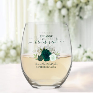 Emerald Green Boho Roses Bridesmaid Maid of Honour Stemless Wine Glass